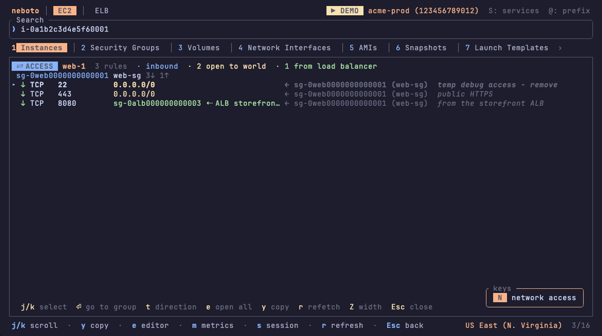 neboto’s network access view for an instance: SSH and HTTPS open to the world, and 8080 only from the load balancer