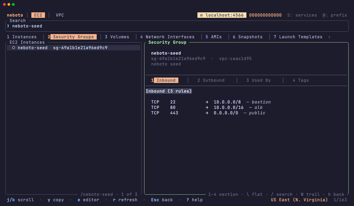 neboto showing a security group's inbound rules in the split detail pane, with the EC2 sub-tabs above and the status bar below